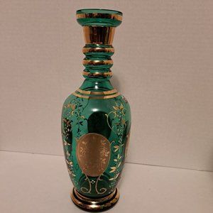 Bohemian style  Green and gold  glass vase.